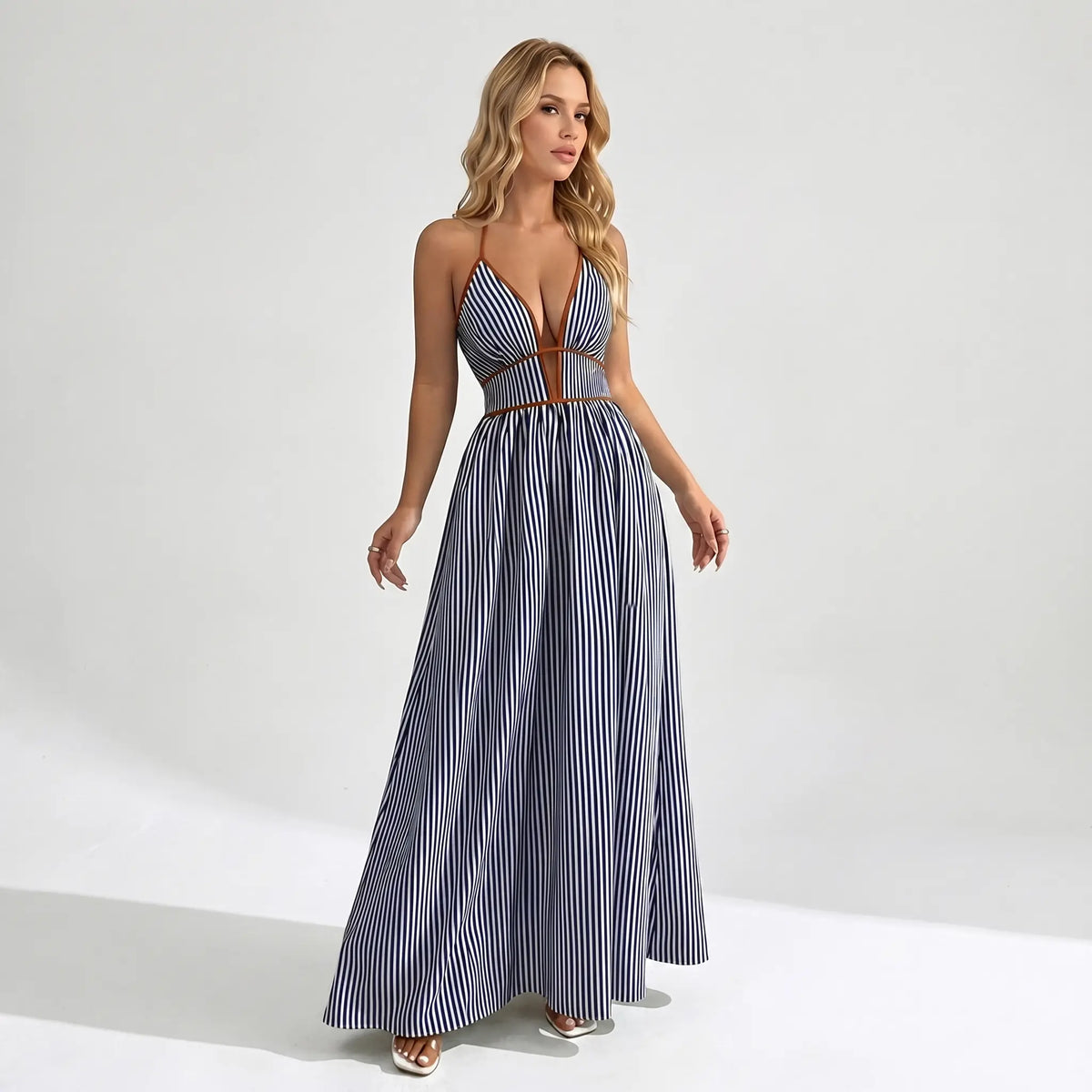 Katch Me Chic Women's Elegant Pinstripe Deep V-Neck Adjustable Halter Maxi Dress - Lightweight Summer Attire for Beach Holidays