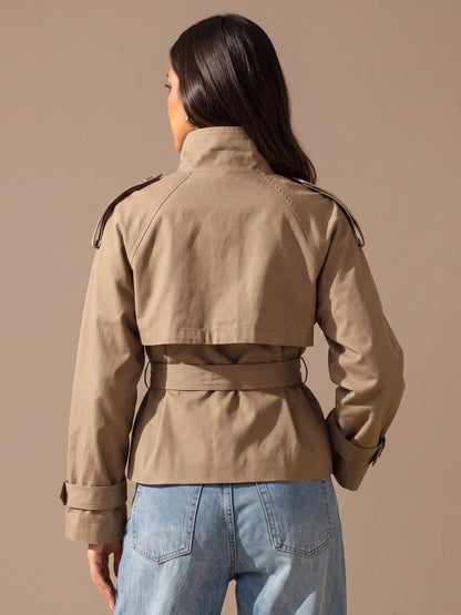 Katch Me Women's Versatile Stand Collar Button-Up Trench Coat with Detachable Waist Belt, Cozy Windproof Long Sleeve Outerwear for Fall & Winter
