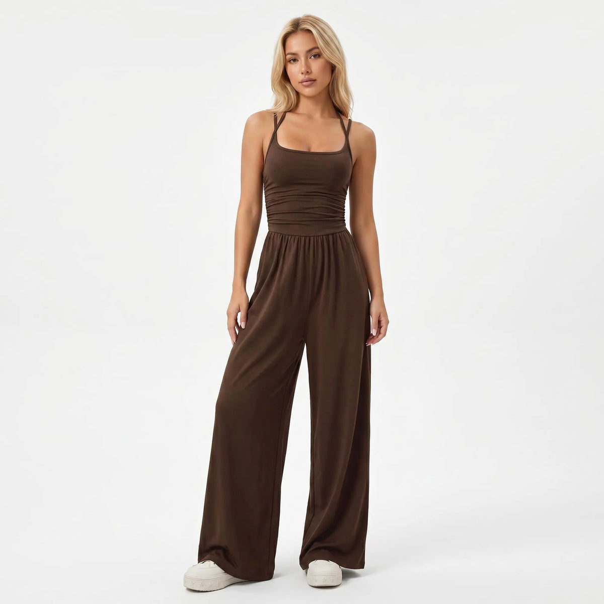 Katch Me Chic Women's Casual Solid Color Dual Strap Shirred Wide Leg Jumpsuit - Soft, Sweat-Wicking Stretch Sportswear for Spring & Summer