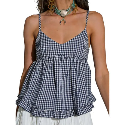 Women'S Plaid V-Neck Sleeveless Babydoll Tank Tops - Spaghetti Strap Camisole Shirts with Ruffle Trim, Loose Hem, Polyester-Elastane Blend, Size M, Casual Women'S Clothes