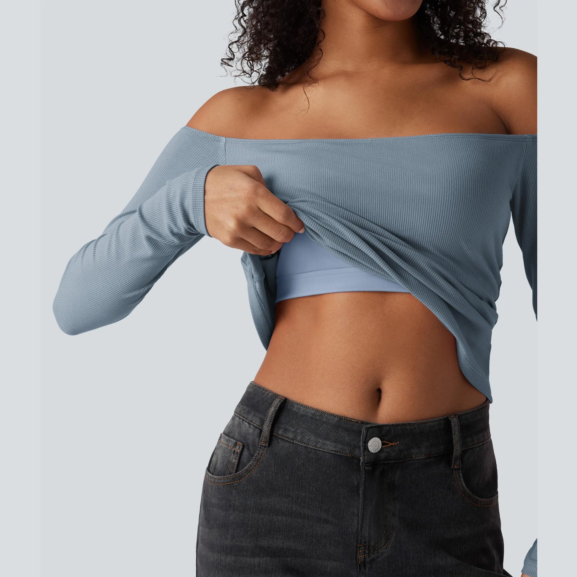 Halara Ribbed Knit off Shoulder Long Sleeve 2-In-1 Casual Top