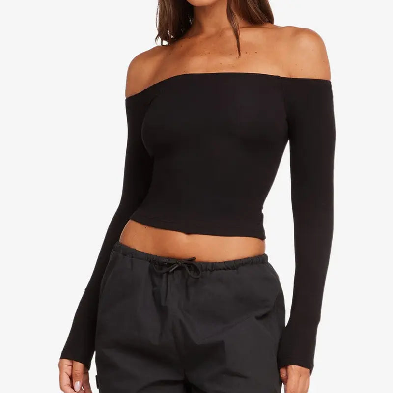 Women'S Everyday Summer Wear off the Shoulder Crop Top Long Sleeve Seamless Fitted Bardot Top Slim Fit Pilates Yoga Workout Basic Tee Athletic Top Casual Streetwear Going Out