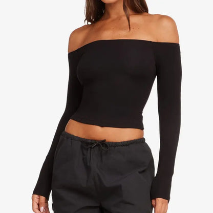 Women'S Everyday Summer Wear off the Shoulder Crop Top Long Sleeve Seamless Fitted Bardot Top Slim Fit Pilates Yoga Workout Basic Tee Athletic Top Casual Streetwear Going Out
