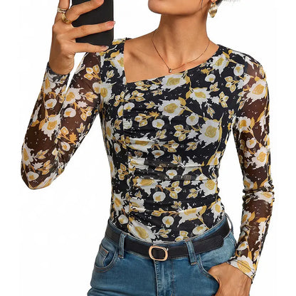 GRACE KARIN Women'S Slim Breathable Mesh Blouse - V-Neck, Asymmetrical Neckline, Ruched Detail, Long Sleeves, Dressy Casual Boho Shirts, Casual Daily Tops for 2026 Fall Floral Outfits