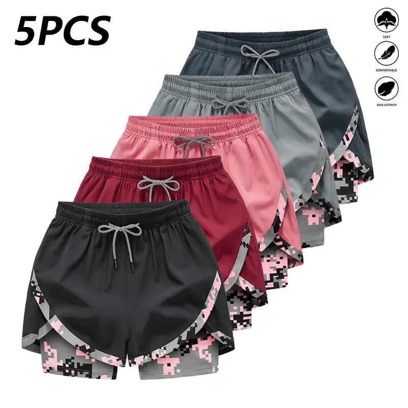 Women's Summer Shorts 5-Pack, Double-Layer 2-in-1 Design, Camouflage Pattern, Breathable Quick-Dry Fabric, Drawstring Elastic Waistband, Hidden Pockets, Casual Style
