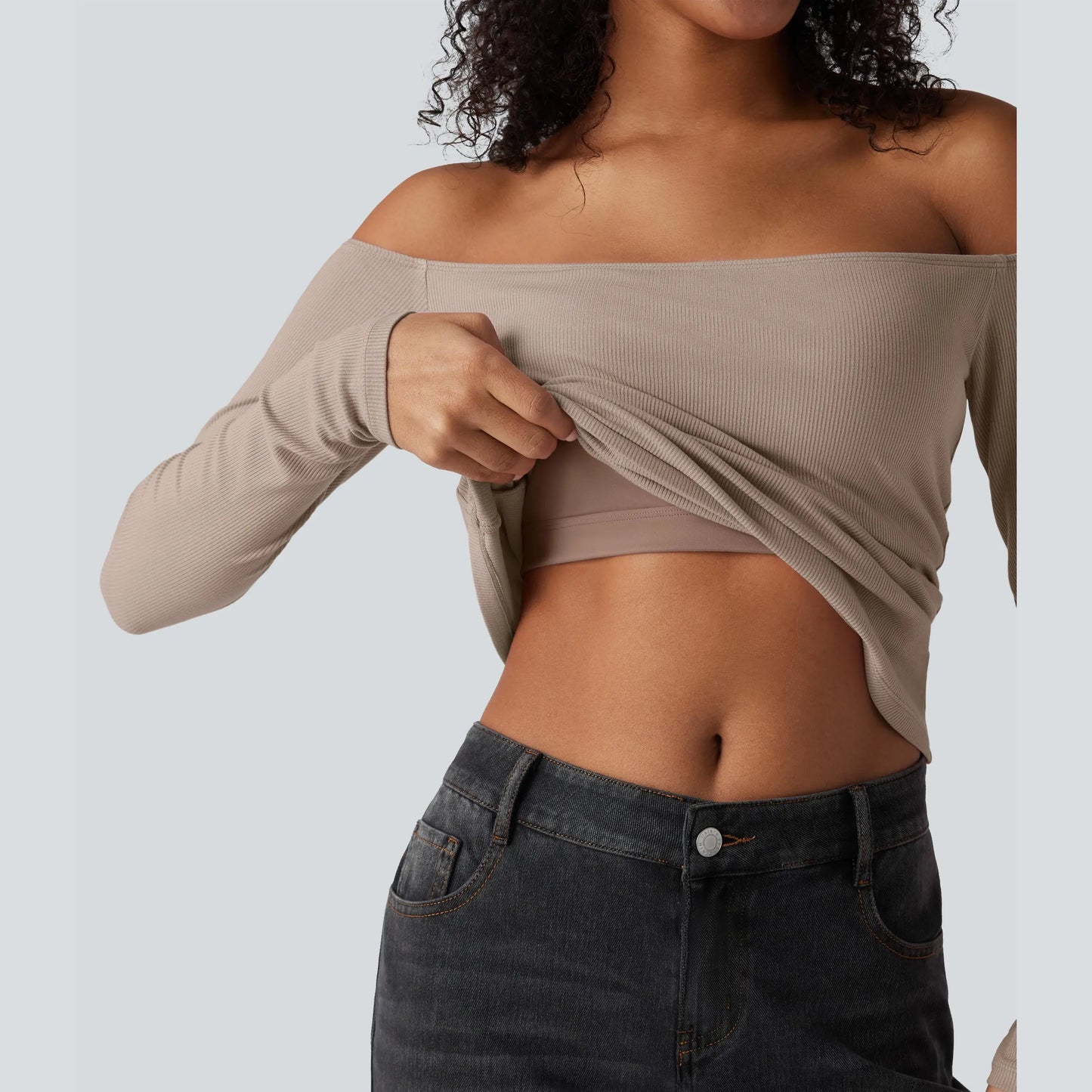 Halara Ribbed Knit off Shoulder Long Sleeve 2-In-1 Casual Top