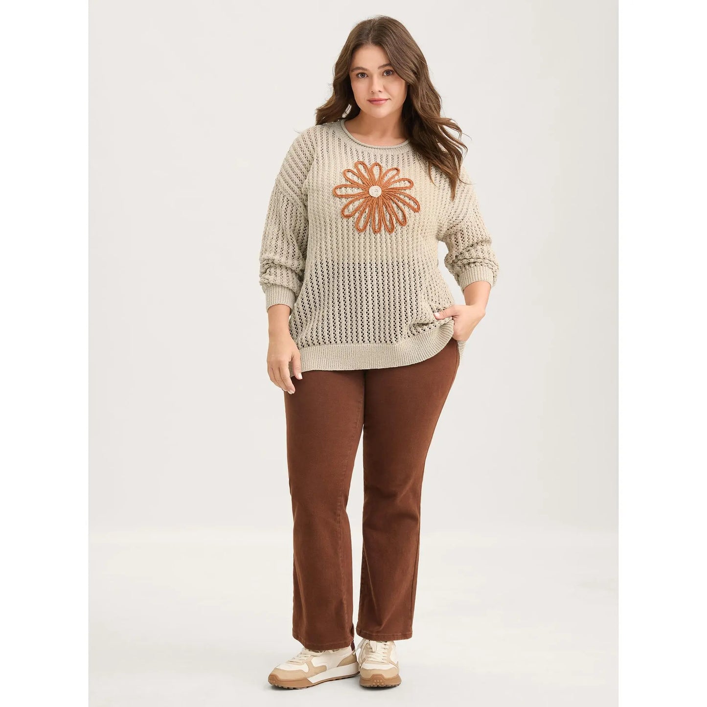 Bloomchic Oversized Floral Motif Cut-Out Textured Pullover for Summer