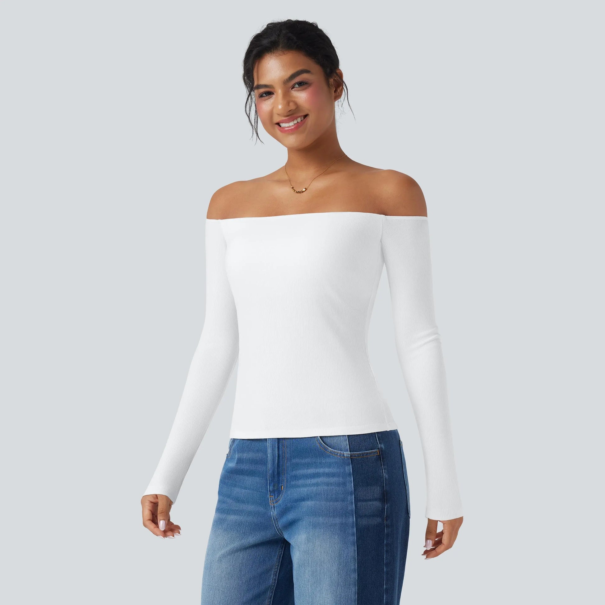 Halara Ribbed Knit off Shoulder Long Sleeve 2-In-1 Casual Top
