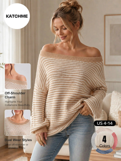 Chic Women's Slouchy Off-Shoulder Striped Balloon Sleeve Sweater - Cozy Drop Shoulder Loose Pullover for Fall & Winter