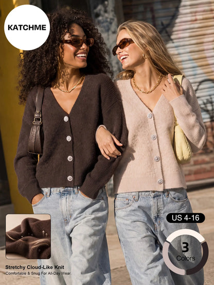 Katch Me Women's Slouchy V-Neck Button Knit Cardigan - Cozy Ribbed Sweater for Fall & Winter, Durable Pill-Resistant Long Sleeve Top