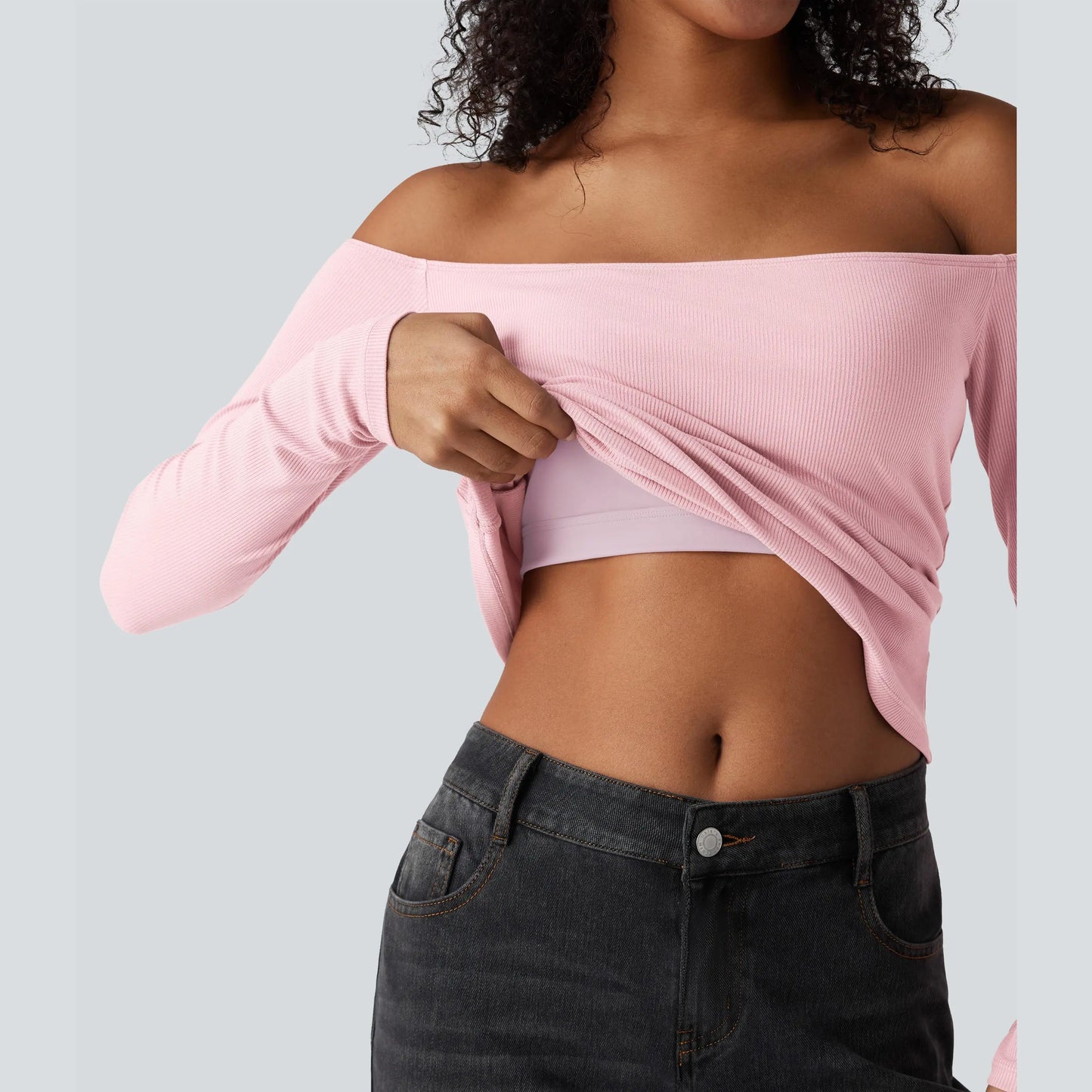 Halara Ribbed Knit off Shoulder Long Sleeve 2-In-1 Casual Top