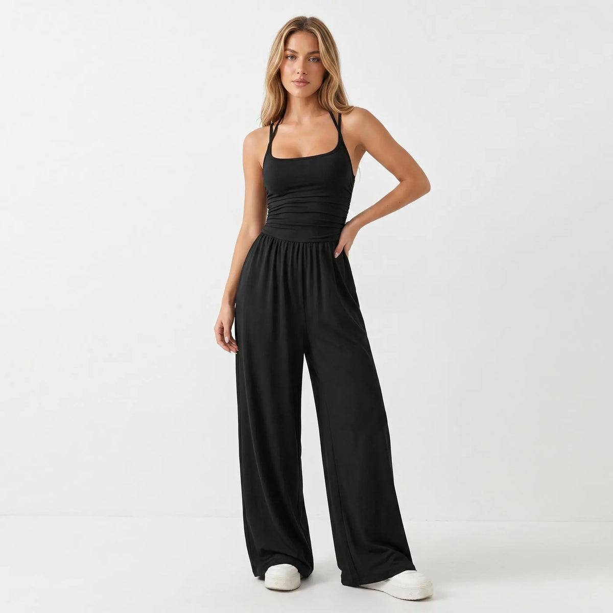 Katch Me Chic Women's Casual Solid Color Dual Strap Shirred Wide Leg Jumpsuit - Soft, Sweat-Wicking Stretch Sportswear for Spring & Summer