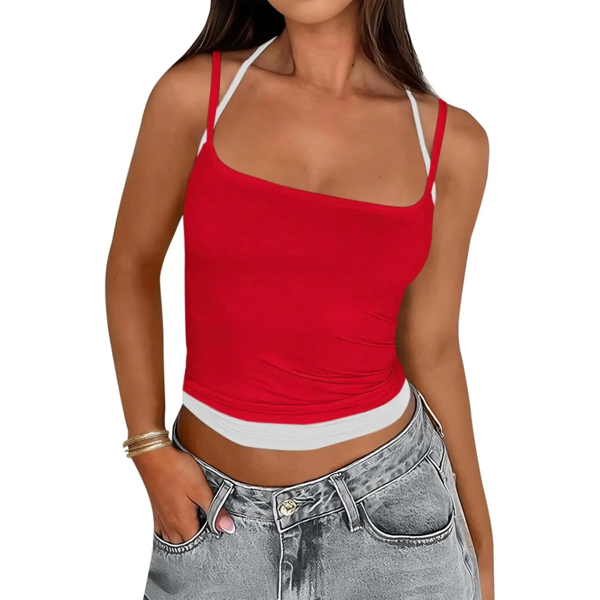 Yousify Women's Color Block Adjustable Spaghetti Strap Sleeveless Camisole Crop Top
