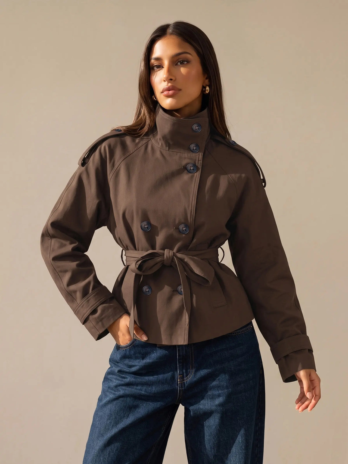 Katch Me Women's Versatile Stand Collar Button-Up Trench Coat with Detachable Waist Belt, Cozy Windproof Long Sleeve Outerwear for Fall & Winter