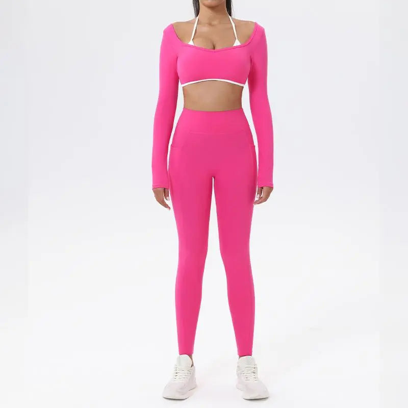Summervibes Workout Sets for Women 2 Piece Outfits Seamless High Waist Leggings Yoga Long Sleeve Crop Tops Athletic Gym Sets Elegante Sport Halter Bra for Gym Workout Sets for Women Activewear High Waisted Outdoor Fun