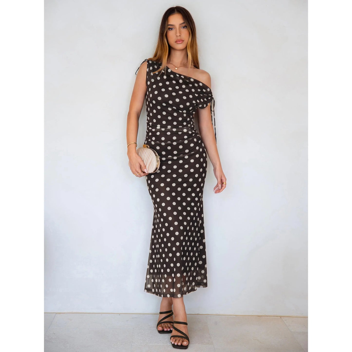 Elegant Polka Dot Mesh Maxi Dress with Cowl Neck and Shoulder Ties for Summer Events