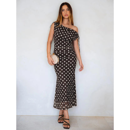Elegant Polka Dot Mesh Maxi Dress with Cowl Neck and Shoulder Ties for Summer Events