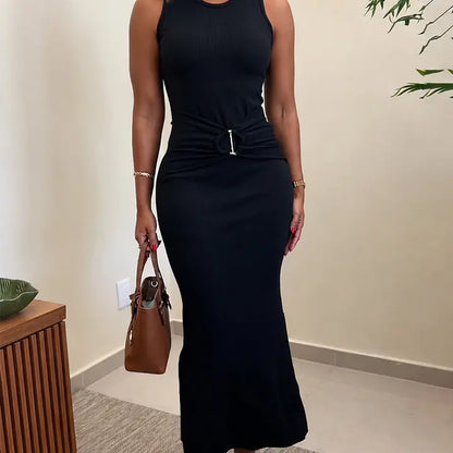 CHICME Women'S Rib Knit Sleeveless Maxi Dress Ruched Gold Buckle High Waist Side Slit Bodycon Dress