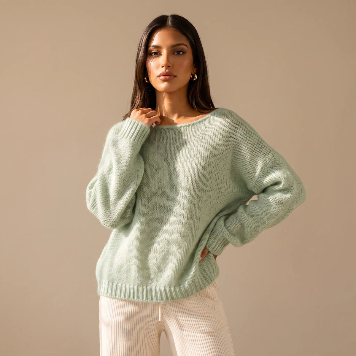 Katch Me Chic Women's Lightweight Slouchy Knit Sweater with Scoop Neck and Long Sleeves, Breathable and Stretchy Relaxed Fit Knitwear