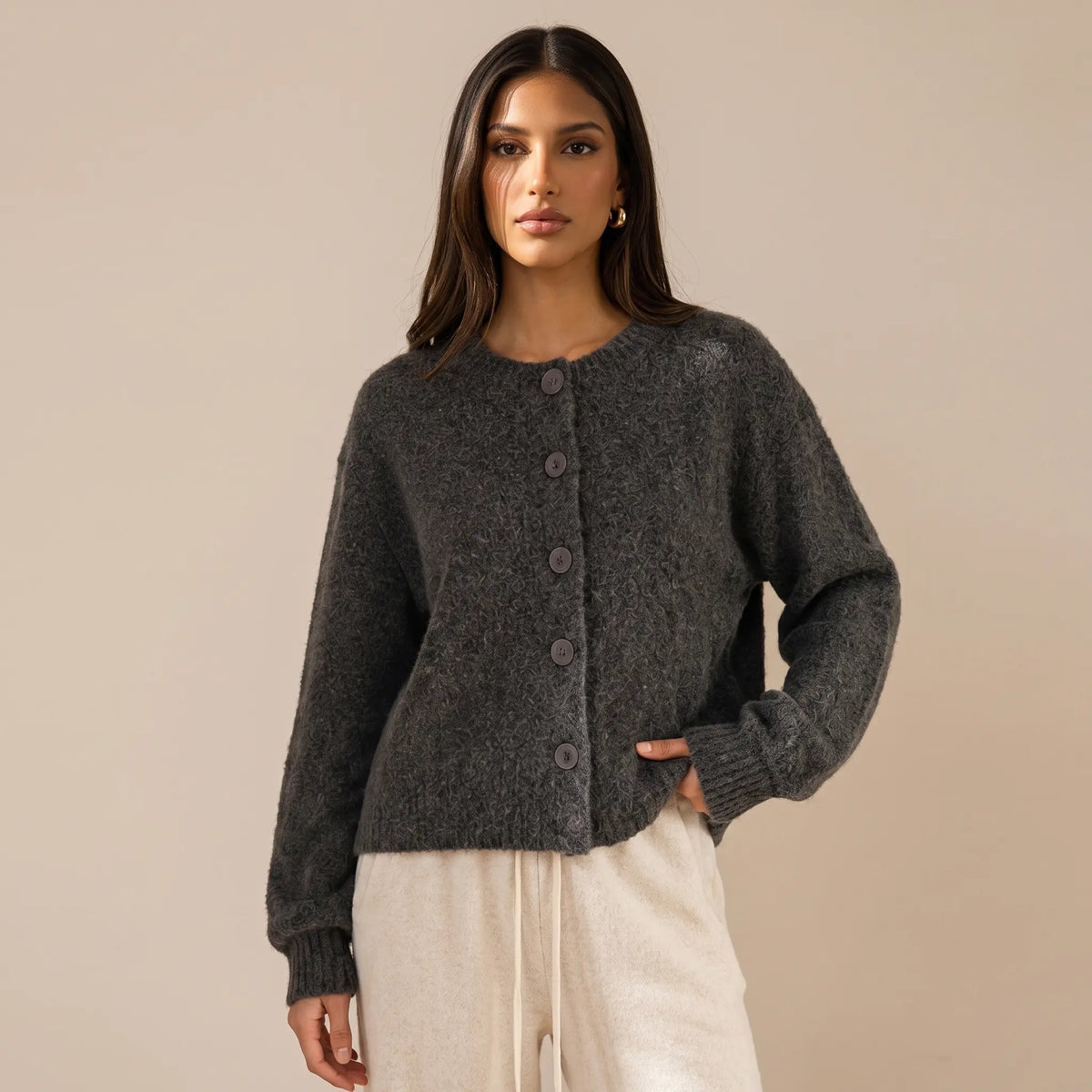 Katch Me Chic Women's Cozy Button-Up Knit Cardigan - Soft Fuzzy Long Sleeve Thermal Cropped Sweater for Fall & Winter Layering