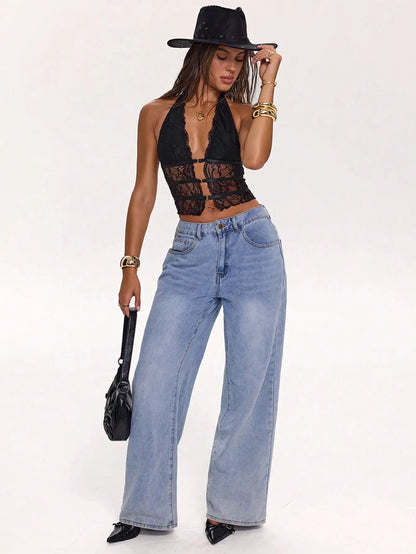 Katch Me Chic Women's Floral Lace Sheer Deep Neck Halter Cami Top - Cropped Beach Blouse with Twist Front Buckle, Lightweight and Breathable Summer Wear