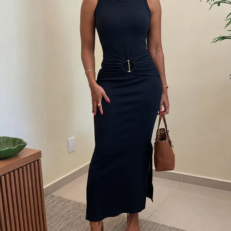 CHICME Women'S Rib Knit Sleeveless Maxi Dress Ruched Gold Buckle High Waist Side Slit Bodycon Dress