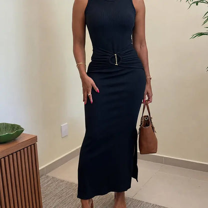 CHICME Women'S Rib Knit Sleeveless Maxi Dress Ruched Gold Buckle High Waist Side Slit Bodycon Dress