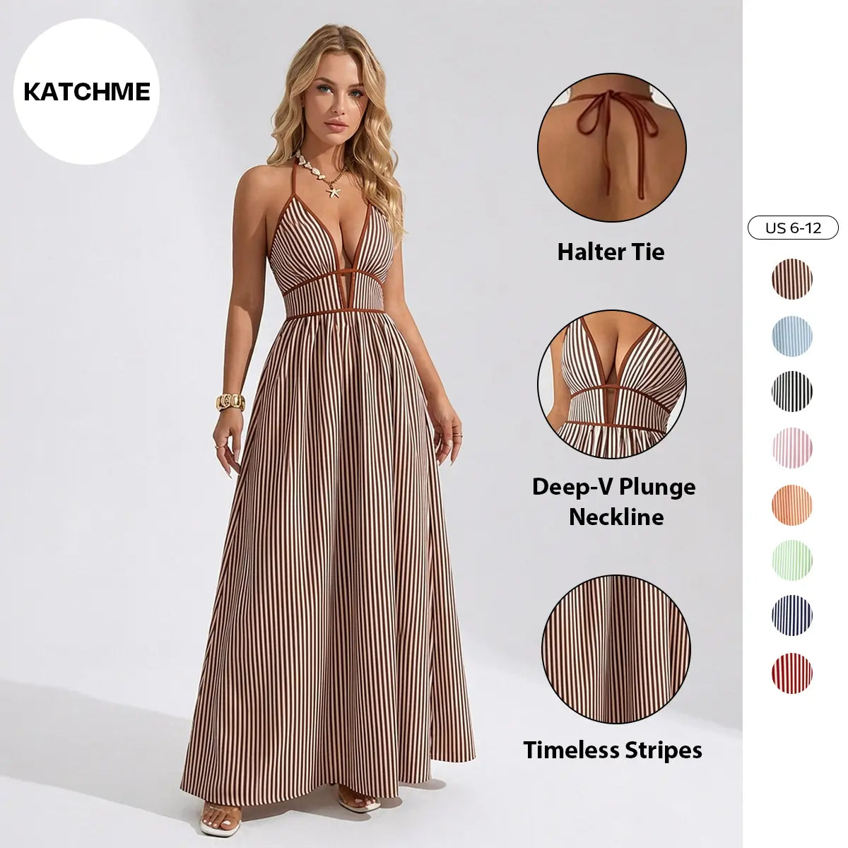 Katch Me Chic Women's Elegant Pinstripe Deep V-Neck Adjustable Halter Maxi Dress - Lightweight Summer Attire for Beach Holidays