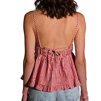 Women'S Plaid V-Neck Sleeveless Babydoll Tank Tops - Spaghetti Strap Camisole Shirts with Ruffle Trim, Loose Hem, Polyester-Elastane Blend, Size M, Casual Women'S Clothes
