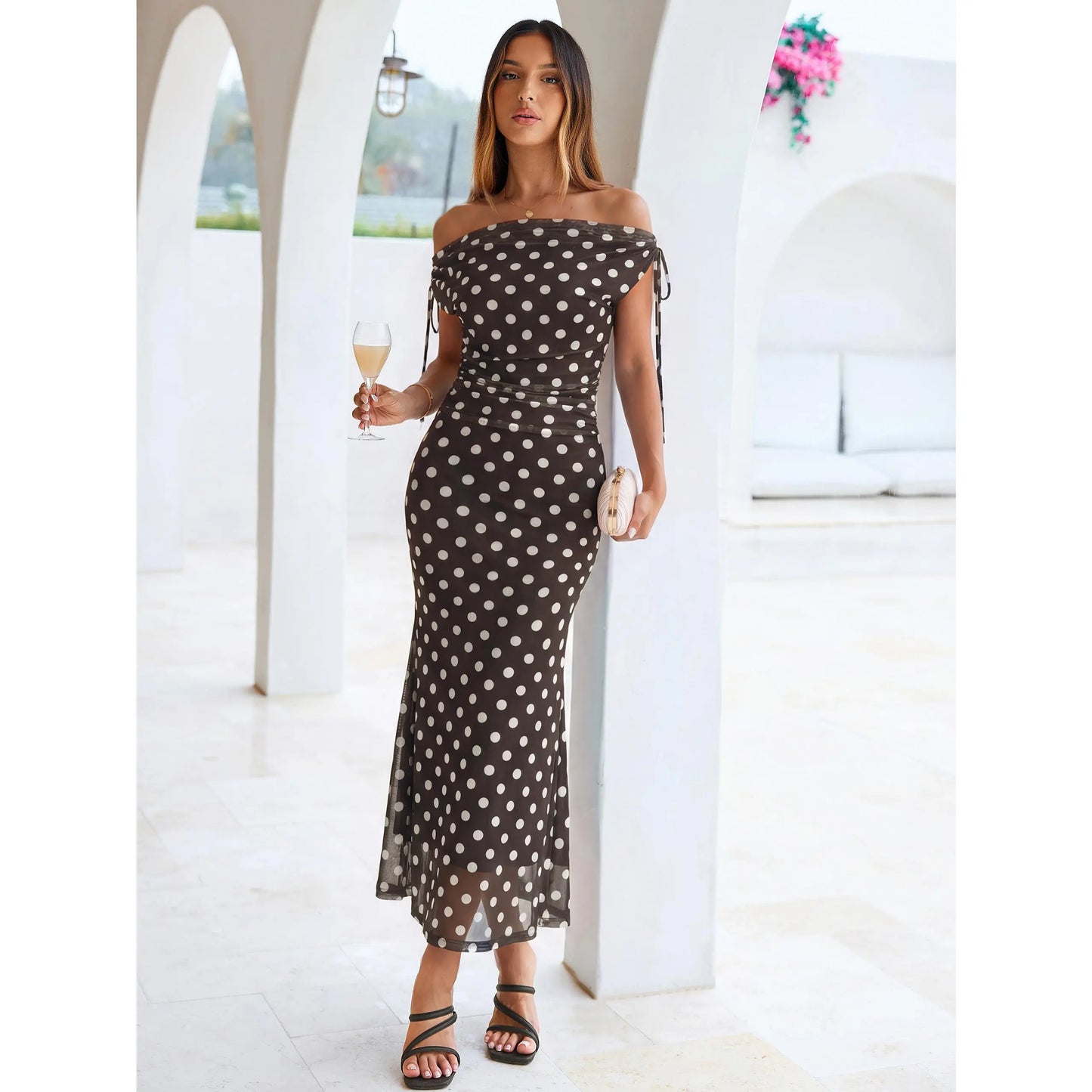 Elegant Polka Dot Mesh Maxi Dress with Cowl Neck and Shoulder Ties for Summer Events