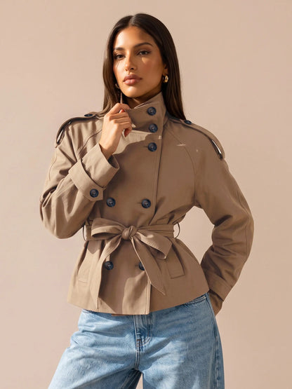 Katch Me Women's Versatile Stand Collar Button-Up Trench Coat with Detachable Waist Belt, Cozy Windproof Long Sleeve Outerwear for Fall & Winter
