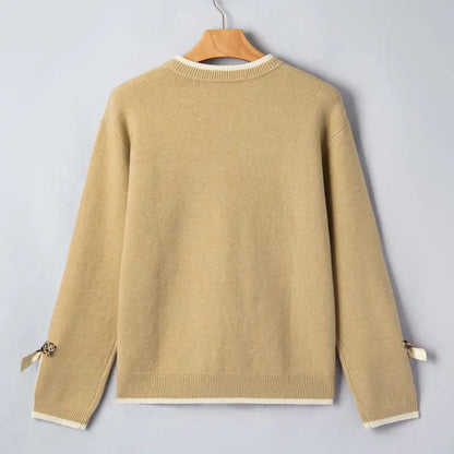 EVALESS Women'S Crew Neck Knitwear Pullover, Casual Sweater with Leopard Print Bow Cuffs, Relaxed Fit for Fall