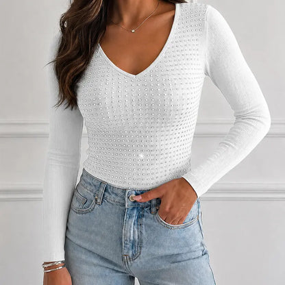 CHICME Women'S V Neck Rhinestone Top Long Sleeve Ribbed Knit Tee Slim Fit Pullover Casual Base Layering Top