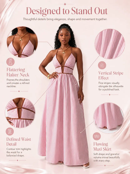 Katch Me Chic Women's Elegant Pinstripe Deep V-Neck Adjustable Halter Maxi Dress - Lightweight Summer Attire for Beach Holidays