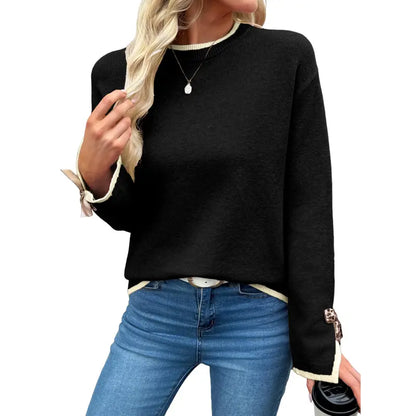 EVALESS Women'S Crew Neck Knitwear Pullover, Casual Sweater with Leopard Print Bow Cuffs, Relaxed Fit for Fall
