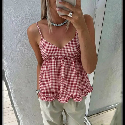 Women'S Plaid V-Neck Sleeveless Babydoll Tank Tops - Spaghetti Strap Camisole Shirts with Ruffle Trim, Loose Hem, Polyester-Elastane Blend, Size M, Casual Women'S Clothes