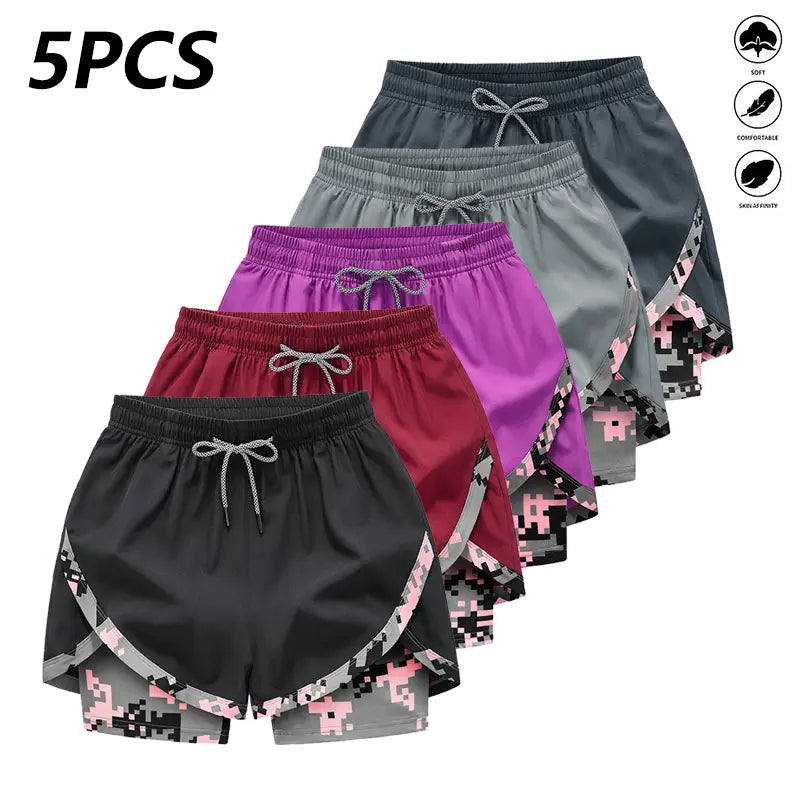 Women's Summer Shorts 5-Pack, Double-Layer 2-in-1 Design, Camouflage Pattern, Breathable Quick-Dry Fabric, Drawstring Elastic Waistband, Hidden Pockets, Casual Style