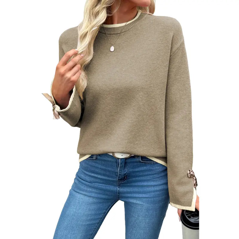 EVALESS Women'S Crew Neck Knitwear Pullover, Casual Sweater with Leopard Print Bow Cuffs, Relaxed Fit for Fall