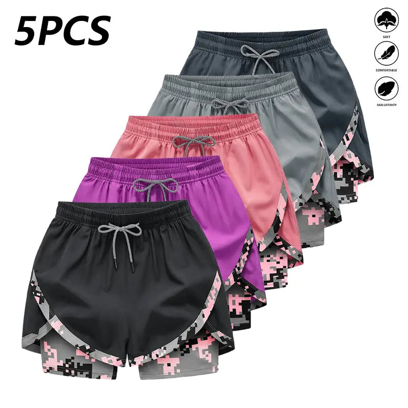 Women's Summer Shorts 5-Pack, Double-Layer 2-in-1 Design, Camouflage Pattern, Breathable Quick-Dry Fabric, Drawstring Elastic Waistband, Hidden Pockets, Casual Style