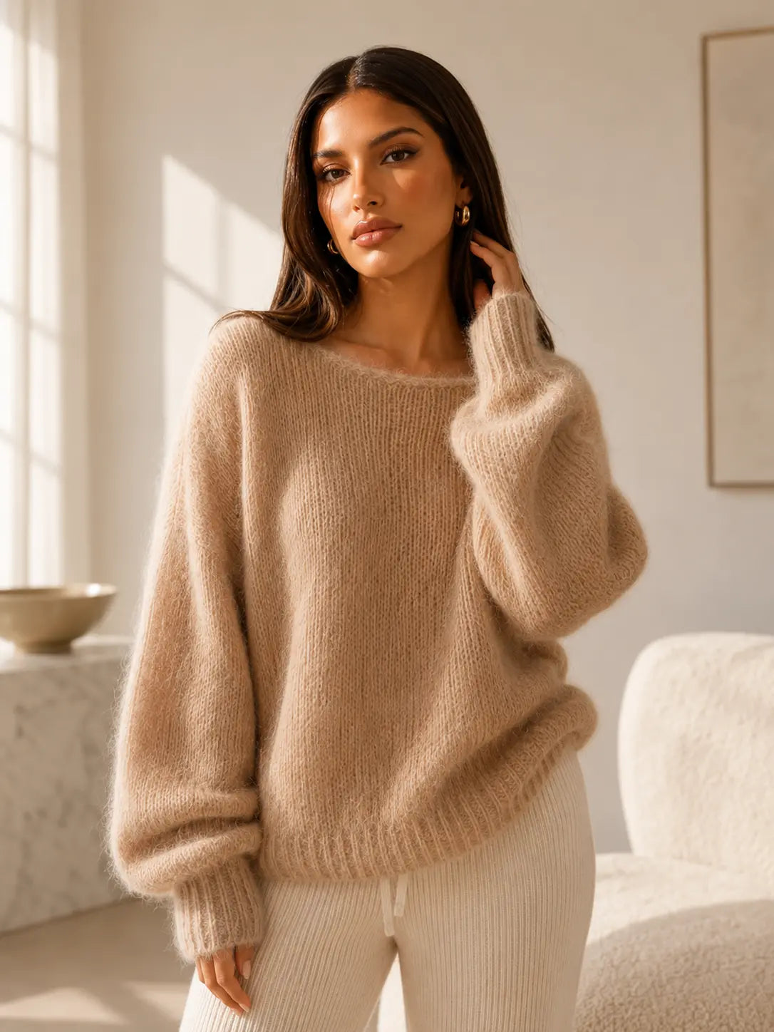 Katch Me Chic Women's Lightweight Slouchy Knit Sweater with Scoop Neck and Long Sleeves, Breathable and Stretchy Relaxed Fit Knitwear