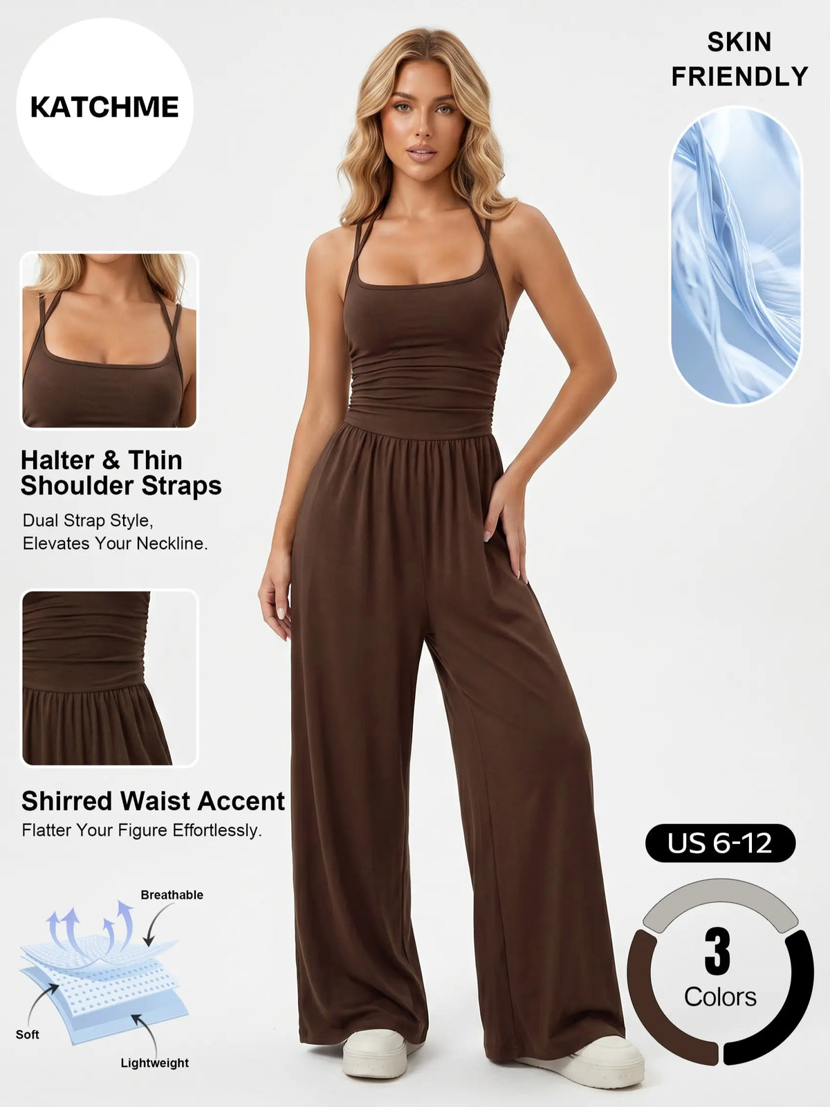 Katch Me Chic Women's Casual Solid Color Dual Strap Shirred Wide Leg Jumpsuit - Soft, Sweat-Wicking Stretch Sportswear for Spring & Summer