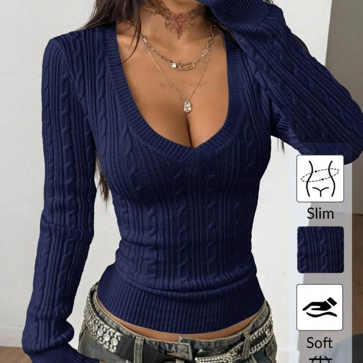 Elegant V-Neck Cable Knit Sweater for Women, Soft and Stylish, Slim Fit, Casual and Fashionable, Versatile Knitted Top, New for Fall/Winter, Knitwear Pullover