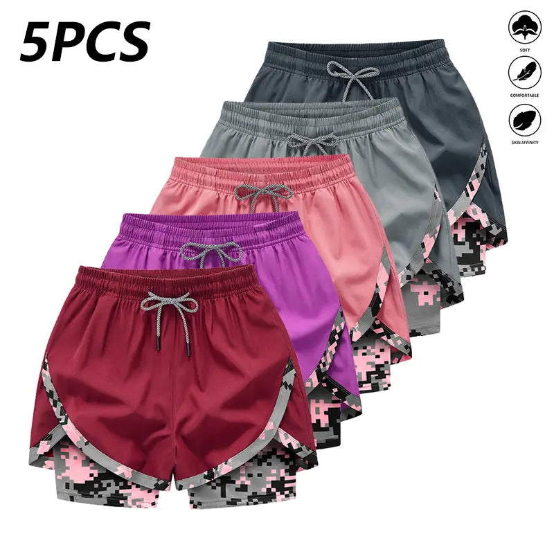Women's Summer Shorts 5-Pack, Double-Layer 2-in-1 Design, Camouflage Pattern, Breathable Quick-Dry Fabric, Drawstring Elastic Waistband, Hidden Pockets, Casual Style