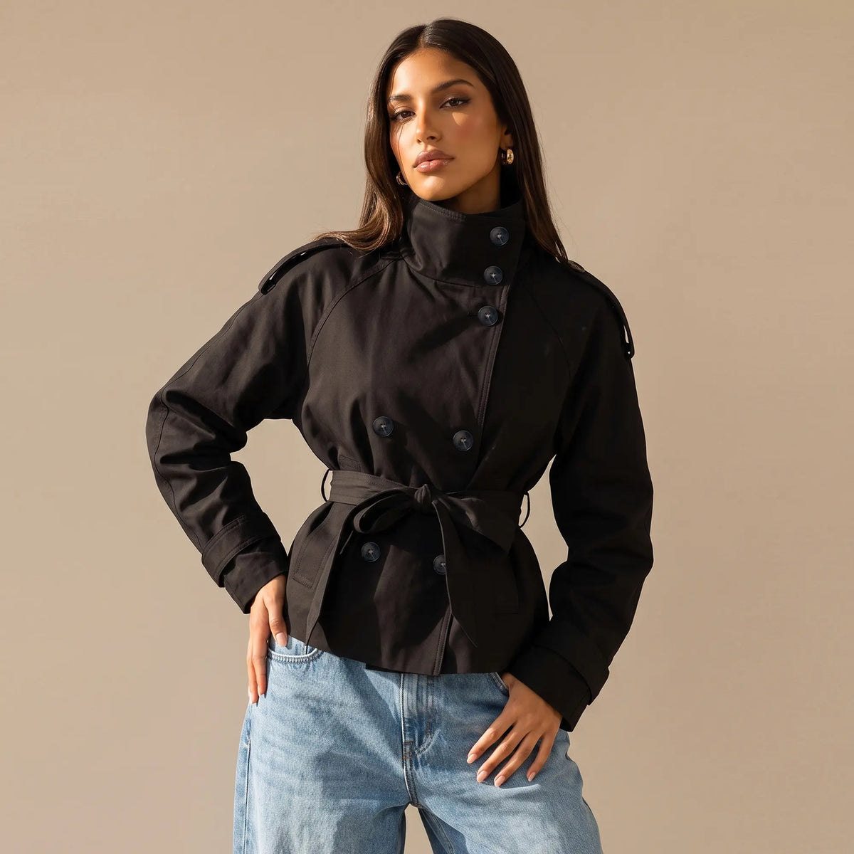 Katch Me Women's Versatile Stand Collar Button-Up Trench Coat with Detachable Waist Belt, Cozy Windproof Long Sleeve Outerwear for Fall & Winter