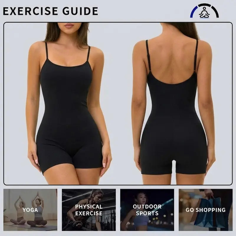 Missfeel Women'S Adjustable Spaghetti Strap Shapewear Bodysuit Shorts, Buttery‑Soft Ribbed Fabric, 4‑Way High Stretch, Moisture‑Wicking Quick‑Dry, Gentle Tummy Control, Butt‑Lifting, Seamless Slim Fit Active Romper for Yoga Gym Daily Wear