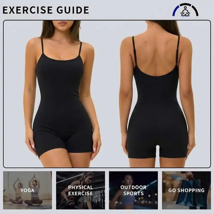 Missfeel Women'S Adjustable Spaghetti Strap Shapewear Bodysuit Shorts, Buttery‑Soft Ribbed Fabric, 4‑Way High Stretch, Moisture‑Wicking Quick‑Dry, Gentle Tummy Control, Butt‑Lifting, Seamless Slim Fit Active Romper for Yoga Gym Daily Wear