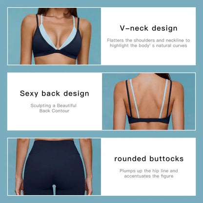 Women'S MFVIM 2-Piece Deep Blue Contrast Fitness Gymwear Set - Thin-Strap 2-Layer Sports Bra, High-Waisted Butt-Lifting Shorts, for Yoga, Outdoor Activities, Outdoor Yoga Suit