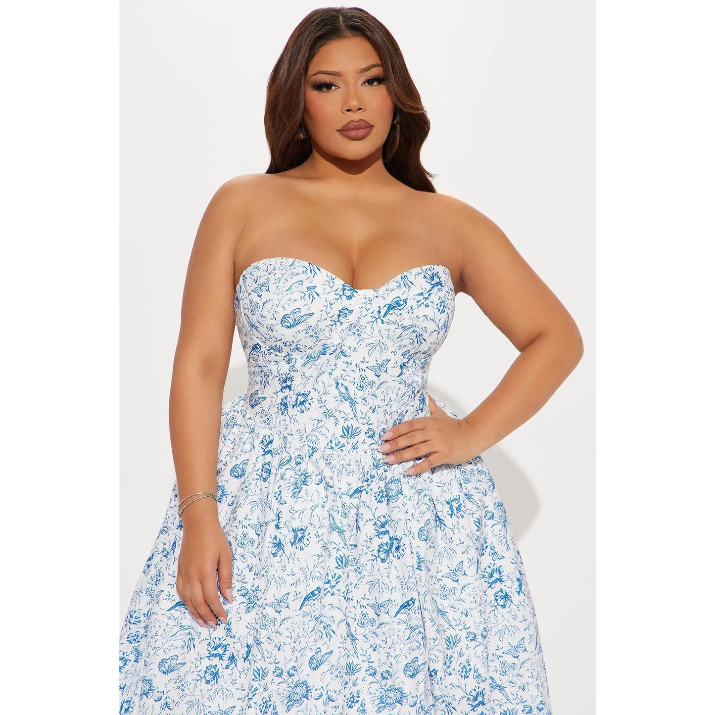 Delicate Strapless Midi Dress in White and Blue
