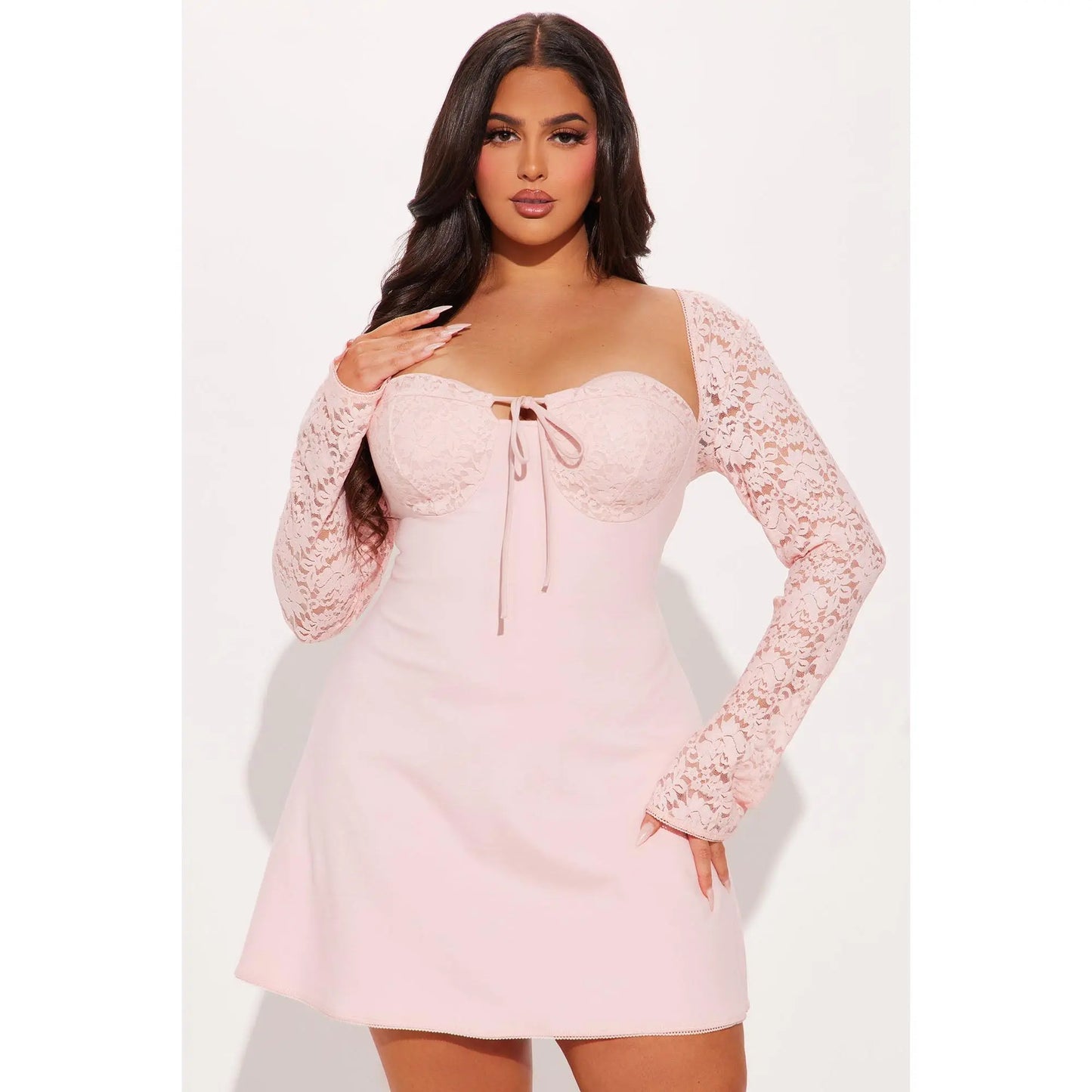 Emilina Blush Long Sleeve Lace Mini Dress