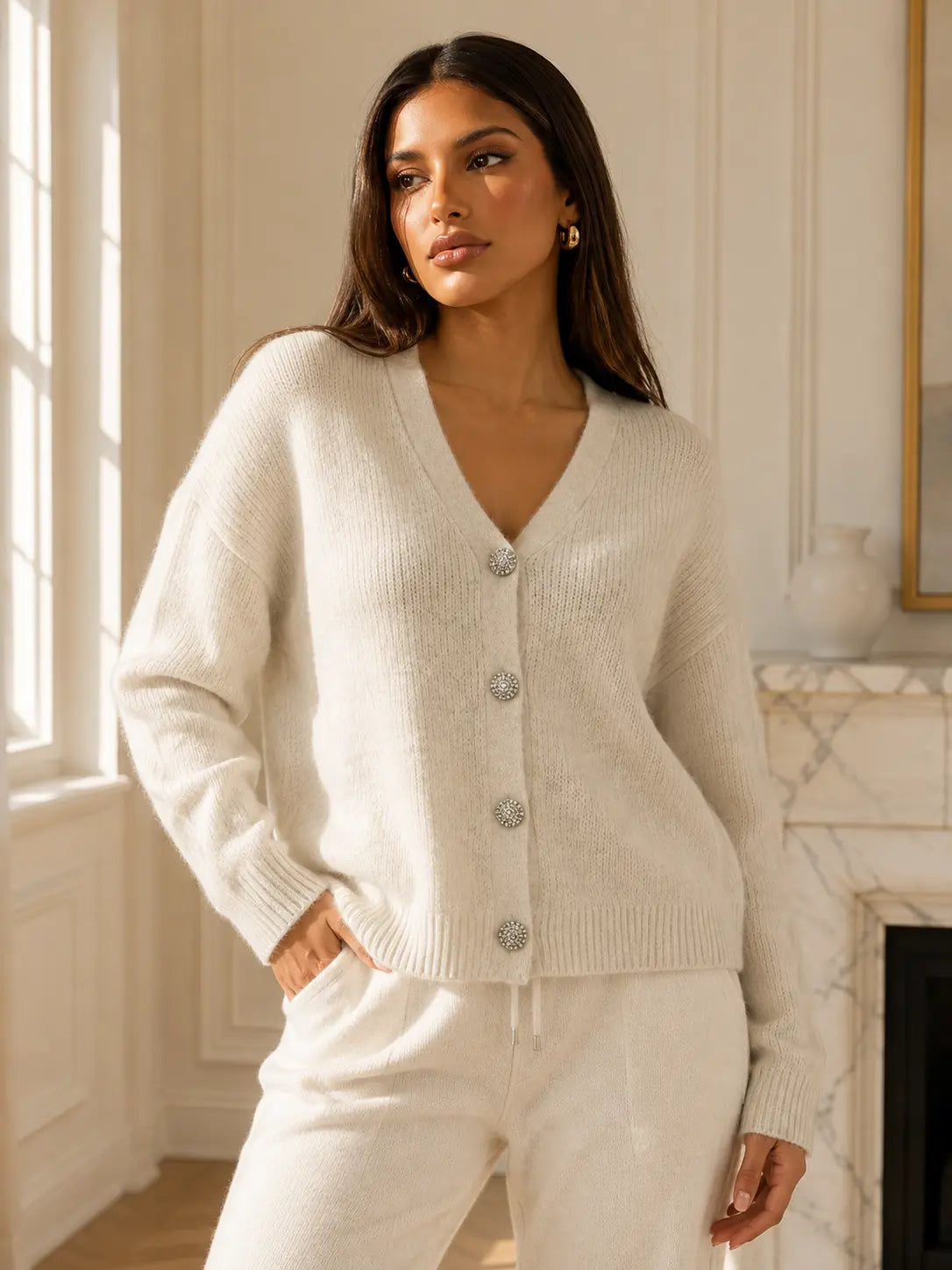 Katch Me Women's Slouchy V-Neck Button Knit Cardigan - Cozy Ribbed Sweater for Fall & Winter, Durable Pill-Resistant Long Sleeve Top